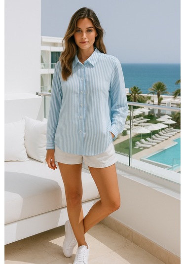 Kadın Çizgili Oversize Gömlek Açık Mavi Beyaz Pamuk Gömlek Açık Mavi