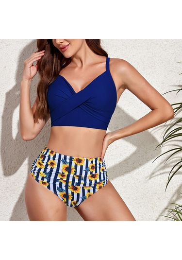 Kadın İlkbahar Ve Yaz Seksi Baskı Bölünmüş Yüksek Bel Bikini Mayo 2 Takım Lacivert