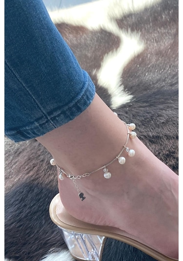 Doğal İnci Sallantılı Kadın Halhal Gümüş