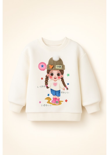 Kız Çocuk Aplike Bere Ve Düğme Detaylı Baskılı 3 İplik Şardonlu Alt Üst Takım Krem Pembe