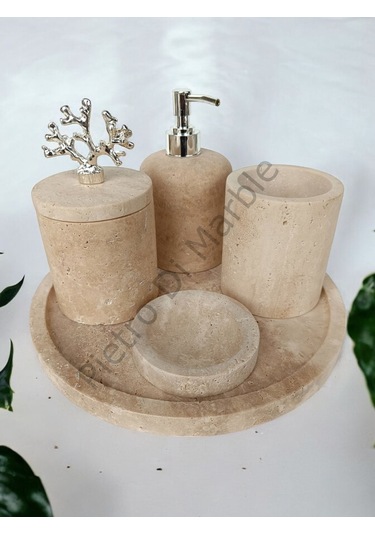 Sarı Traverten Klasik Model 5 Parça Gümüş Renk Mercan Aksesuarlı Banyo Seti Sarı Traverten