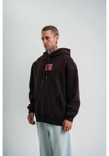 Double Oversize Kapşonlu Dijital Patchli Sweatshirt - Kahve Kahve
