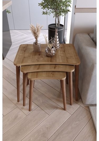 Zuesse Dizayn Reyhan 3lü Zigon Sehpa & Yan Sehpa Ahşap Ayaklı Salon Seti Çay Sehpası - Ceviz