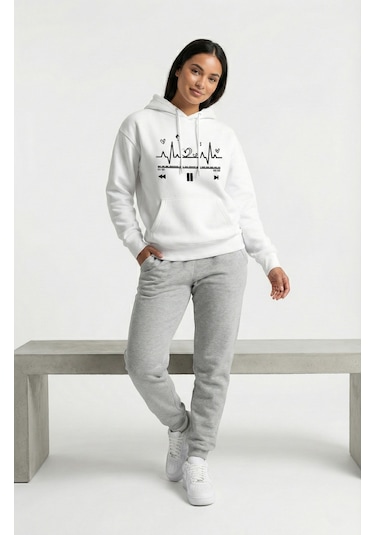 Nevermind Unisex Oversize Kalp Ritmi Baskılı Çift Hoodie Beyaz