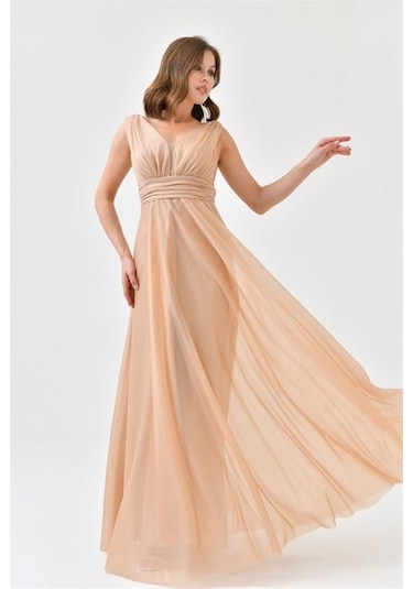 Dip Moda Kadın Astarlı Sim Detaylı Uzun Abiye Elbise Dpnbs9223 Sarı