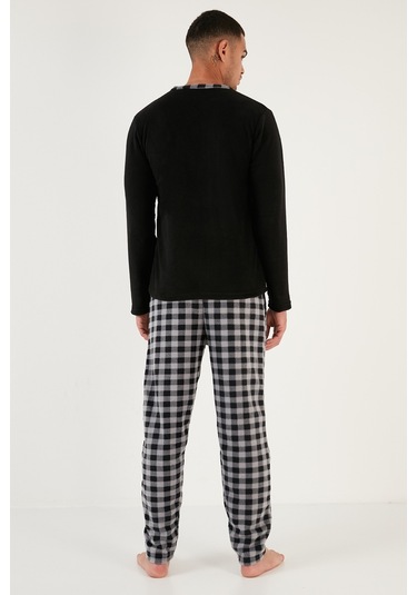 Buratti Ekoseli Regular Fit Düğmeli Bisiklet Yaka Kışlık Polar Erkek Pijama Takımı 60961002 Siyah