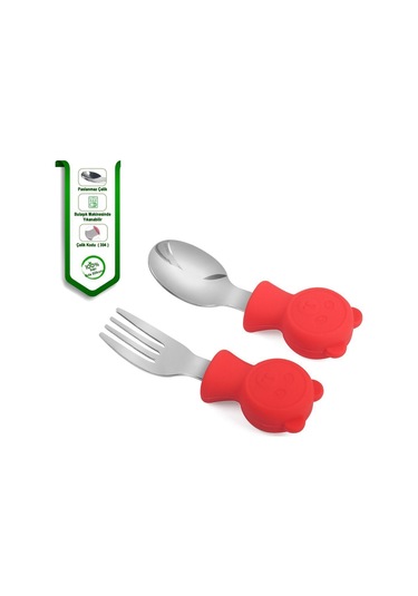 Jojobebek Ergonomik Kısa Saplı Silikon Paslanmaz Çelik Uçlu Saklama Kutulu Kaşık Çatal Seti - Kırmızı - 9 - 24 Ay Kırmızı