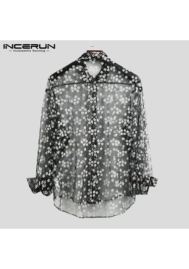 İncerun Erkek Club Party Perspektif Gömlek Yaz Uzun Kollu Fileli Transparan Gömlek Siyah