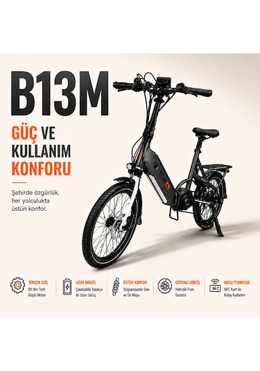 Orta Motor Katlanabilir Elektrikli Bisiklet B13m Gri - Beyaz 14AH