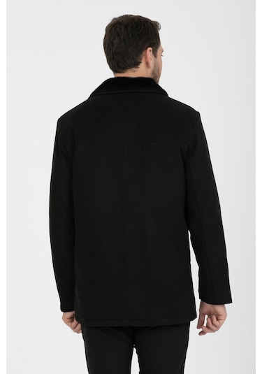 Erkek Siyah Yün Karışım Çift Yaka Kürklü Önü Fermuarlı Kaşe Kaban Siyah