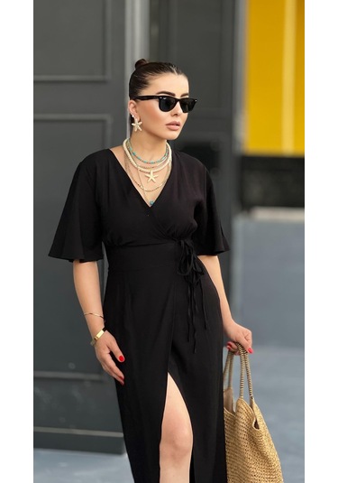 Siyah Çift Bel Bağlamalı Maxi Boy Elbise Siyah