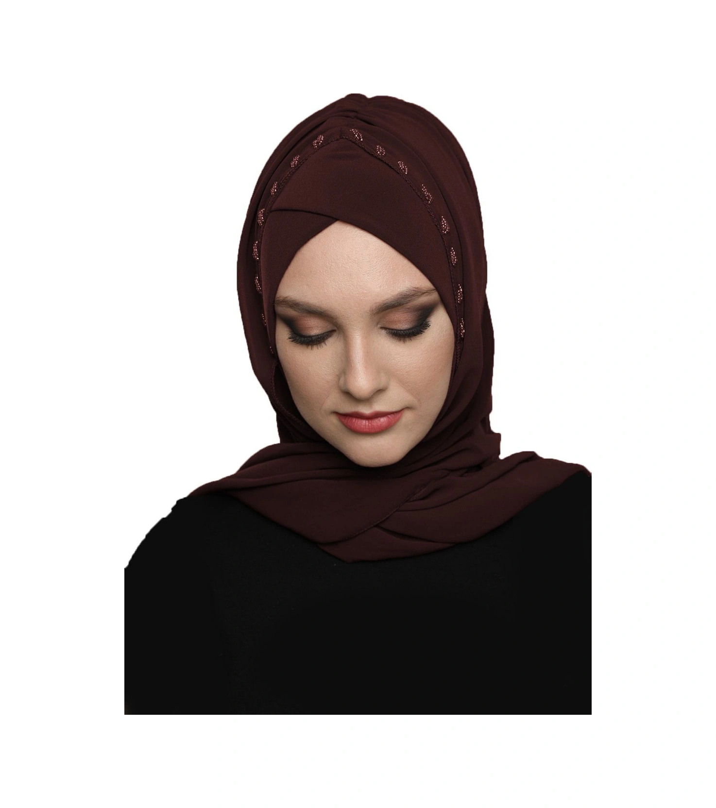 Şallı Takmatik Taşlı Kahve Hazır Türban Tesettür Bone Namaz Örtüsü Kahve