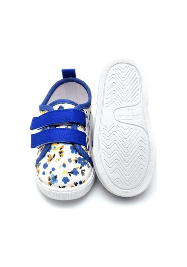 Çiçek Desenli Çift Cırtlı Keten Spor Çocuk Ayakkabısı-saks-f-498 Saks