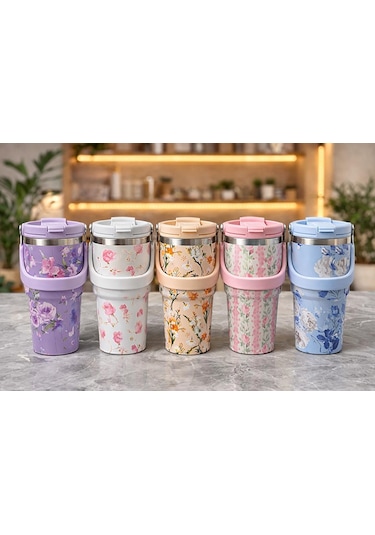 Büro Ev Ofis Hediyesi İçin 700ml Çelik Çiçek Motifli Taşıma Kulplu Termos Mug Bardak Diğer