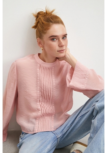 Never More Dantel Kesimli Uzun Kollu Bluz Pembe Pembe
