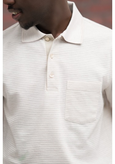 Advante Rahat Kesim Örme Dokumalı Cepli Polo Yaka T-shirt krem