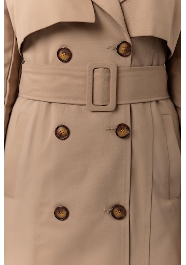 Pastelastore %100 Pamuk Gabardin Uzun 110cm Astarlı Kemerli Kadın Trençkot 1111 Yeni Bej