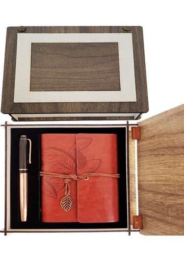 Özel Ahşap Kutulu Kahve Deri Defter Ve Bakır Roller Kalem Set Tdrtr Sezonsuz