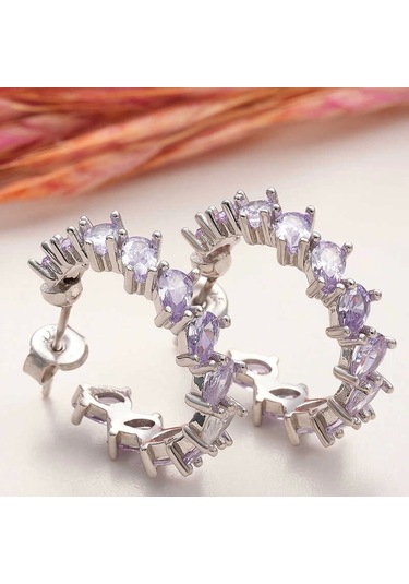 Gümüş Lila Taşlı Damla Çivili Kadın Küpe Çok Renkli