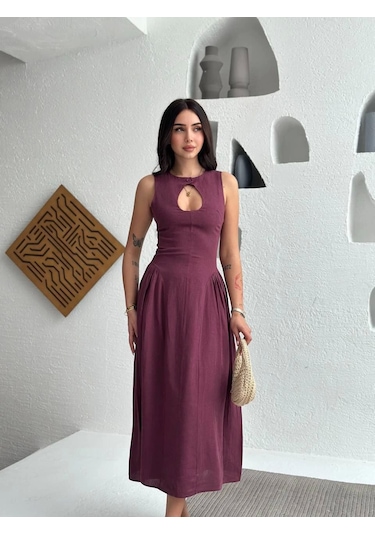 Moda Assema Kolsuz Uzun Kabardin Elbise - Bordo Çok Renkli