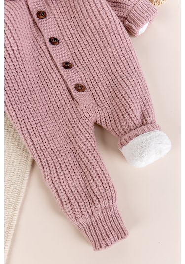 Triko Örgü Kışlık İçi Welsoft Astarlı Kapüşonlu Kız/erkek Bebek Tulum Gülkurusu