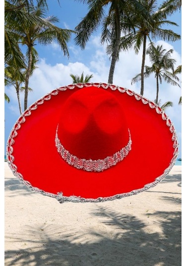 Meksika Mariachi Latin Şapkası Lüks 41cm Kırmızı Zemin Üstüne Gümüş Sim Kenarlıklı Parti Kostümü