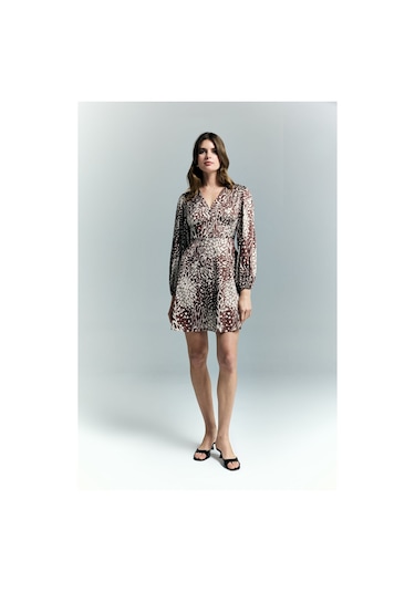 Desenli Mini Elbise - Kahve-137220