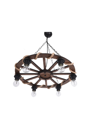 Vedemo Tekerlek Halatlı Rustik Avize 6 Lı (Gerçek Ahşap )