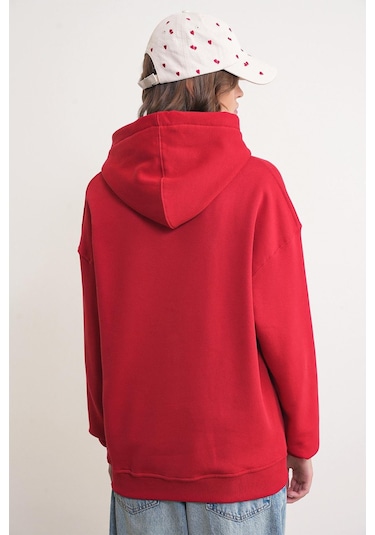 Mixray 2022 Unisex 3iplik Basic Polarlı Kapüşonlu Sweatshirt Hoodie Kırmızı Kırmızı