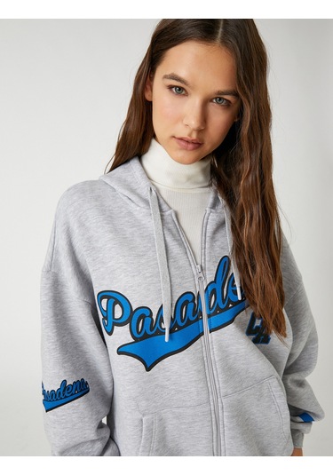 Koton Kolej Sweatshirt Kapüşonlu Oversize Fermuarlı Baskılı Cep Detaylı Gri Melanj 3sal10331ık Gri Melanj