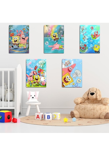 Metal Baskı - Süngerbob, Çocuk Bebek Odası, Spongebob 5'li Set Tablo