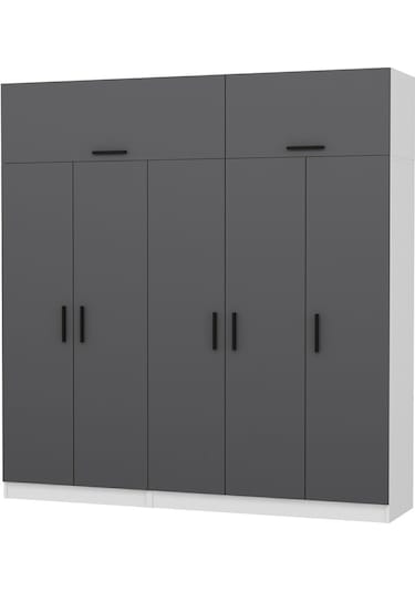 Minar Kale 5 Kapaklı 2 Çekmeceli Dolap Ve Yüklük Beyaz Antrasit 255cm
