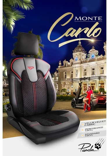 Siyah - Kırmızı Panda Monte Carlo Serisi Velor Kadife Kumaş Oto Koltuk Kılıfı - Tam Set
