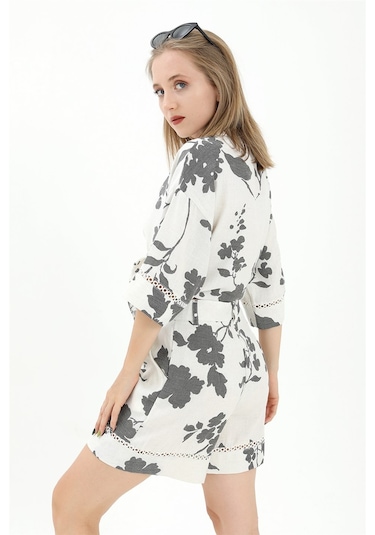 Önden Bağlamalı Dantelli Keten Takım - Siyah-siyah Siyah