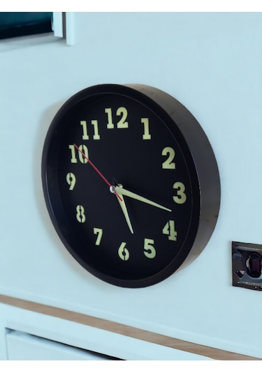 Fosforlu Gece Görünen Siyah Duvar Saati Çap 22 Cm Camsız K1 Siyah