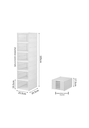 6 Katlı Kapaklı Katlanabilir Plastik Şeffaf Ayakkabı Dolabı Beyaz