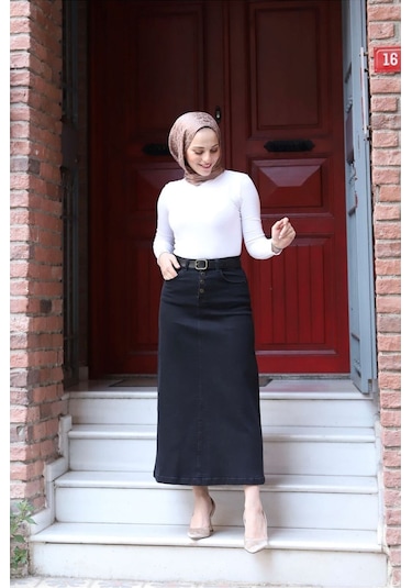 Vellıchor Doğal Kumaşlı Kemerli Kot Etek- 001