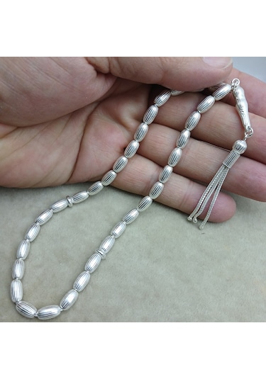 925 Ayar Gümüş Tesbih Arpa Kesim Çizgili Model Orta Boy