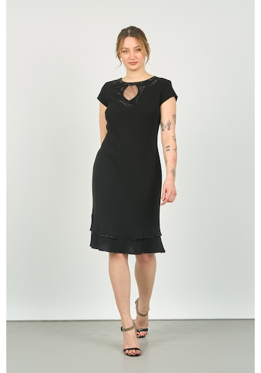 Vals Kadın Bisiklet Yaka Pencere Detaylı Etek Ucu Fırfırlı Araboy Abiye Elbise 23-117 Siyah