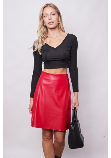 Kadın Hafif Likralı Deri Yüksek Bel Diz Boy Çan Etek-kırmızı Kırmızı