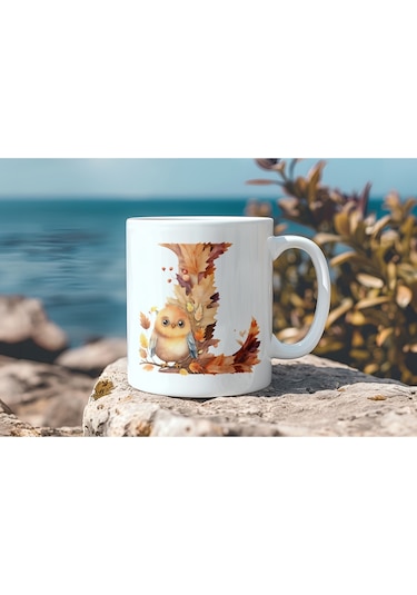 L Harf Sonbahar Yaprak Temalı Kupa Bardak - Sevimli Figürler İle Alfabe Harfli Bardak - Kişiye Özel Beyaz