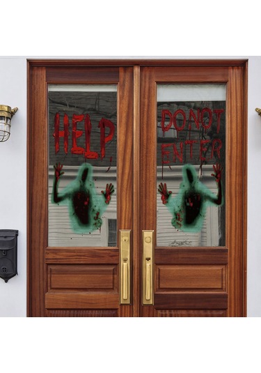 Xiyyadms Halloween Kanlı Parmak İzi Ve "yardım Giriş Yapmayın" Desenli Pvc Pencere Kapak, Korkunç Ortam Oluşturucu Dekor, 45x60cm Çok Renkli