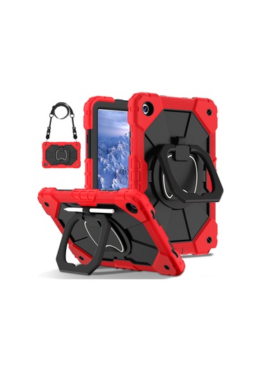 Vkemall Samsung Tab A9 8.7" Silikon+pc Tümünü Kapatan Şok Emici Döner Tutucu Korumalı Kılıf - Kırmızı-siyah