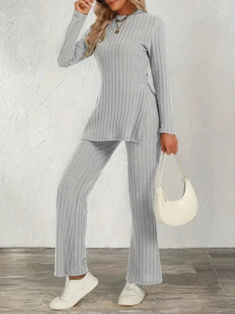 Tua Moda Kadın Uzun Kollu Bisiklet Yaka Yandan Yırtmaçlı Şardonlu Kaşkorse Bluz Ve Pantolon Ikili Takım Gri