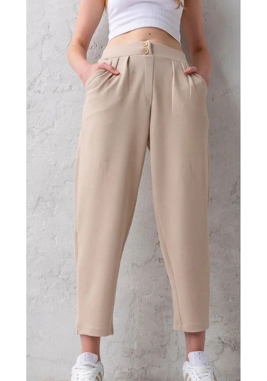 Çift Düğmeli Havuç Model Bilek Boy Kadın Kumaş Pantolon Bej