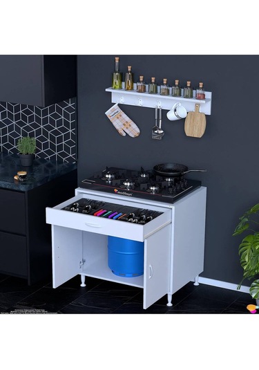 Doqu Xl Set Ocak Altı Dolap 70x88x56 Cm, Çekmeceli, Kapaklı, Tüp Bölmeli Ve Baharat Raflı Beyaz Beyaz