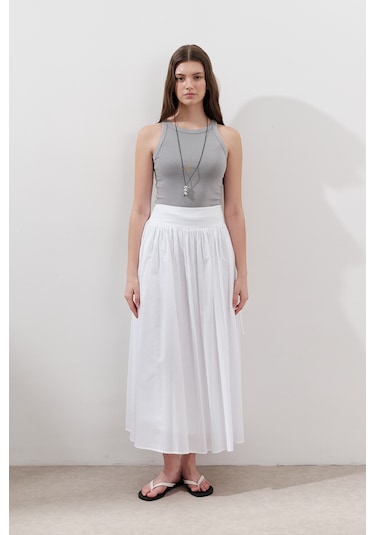 Bağlama Detaylı Geniş Etek Ekru Ekru