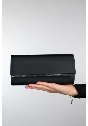 Marıa Siyah Saten Platin Taşlı Kadın Abiye Çanta Siyah