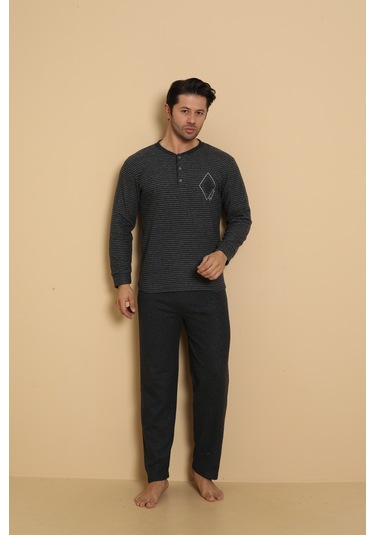 Falkon 7008 İnterlok Kışlık Çizgili Pijamalı Erkek Pijama Takımı Antrasit