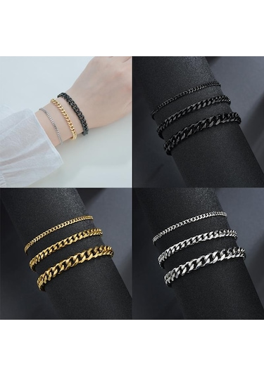 Siyah Erkek Ve Kadın Bileklikleri Paslanmaz Çelik Küba Zincir Bileklik Erkek Bileklik Aksesuarları 3/5/7 Mm Geniş Zincir Bileklik Takı 3 Mm Siyah